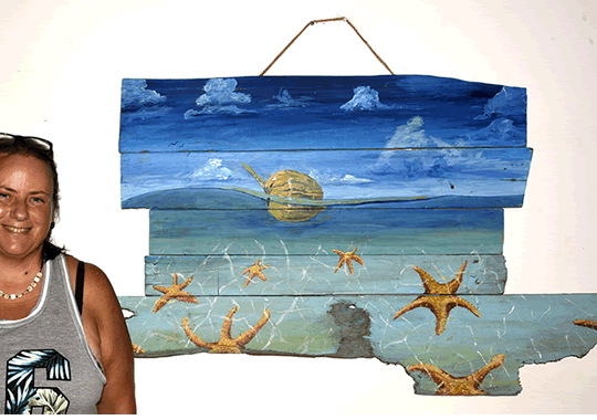 Starfish Beach painting on driftwood - Island Art by Yotigo